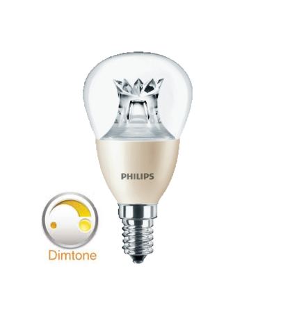 Philips dimtone Master LED kogel dimtone E14(kleine fitting) dimbaar van 3000K-2200K 6Watt (40W) LED kogel -